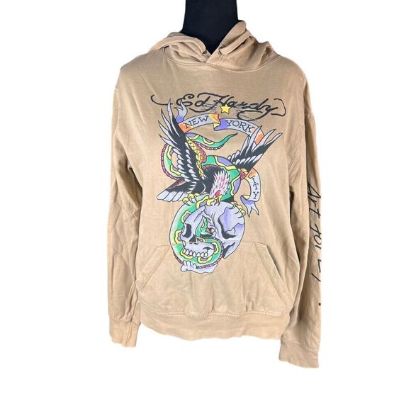 Ed hardy Y2K tan eagle skull NYC graphic pullover hoodie medium - Picture 1 of 7